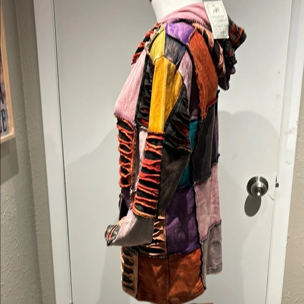 Vibrant Patchwork Hooded Jacket with Purple and Orange Accents - Picture 7 of 9